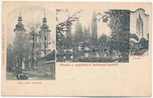 1902 Nagybánya, Baia Mare; Római katolikus templom, Széchenyi liget, Szent István torony. Kovács Gyula kiadása / church, park, tower + "NAGY-BÁNYA-SZATMÁR 111. SZ." vasúti mozgóposta