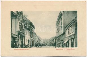 Brassó, Kronstadt, Brasov; Kapu utca, Brassói Lapok, Grünfeld Vilmos, Szegedy L. üzlete. W.L. Bp. 6844. / Purzen-Gasse / street view, shops (EB)