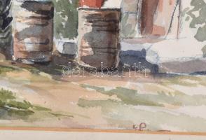 Olvashatatlan jelzéssel: Napfényes udvar. Akvarell, papír. Üvegezett, sérült fakeretben, 30,5×51 cm