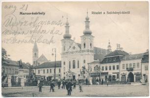 1906 Marosvásárhely, Targu Mures; Széchenyi tér, templom, Petele János, Benkő Elek, Lukács János és Csiky Emil üzlete, Önkéntes tűzoltó egylet őrtanyája, Hints Zoltán gyógyszertára / square, church, shops, pharmacy, volunteer firefighting association (fa)