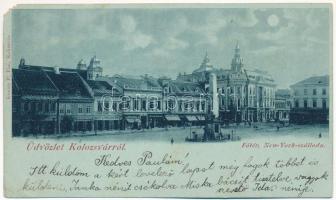 1899 (Vorläufer) Kolozsvár, Cluj; Fő tér, New York szálloda, este, Wolff J. gyógyszertára, Ákontz Sándor, Hubay Károly, Baktai Sámuel és fia üzlete. Kováts P. fiai kiadása / main square, hotel at night, shops (EM)