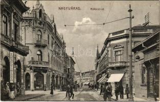 1914 Nagyvárad, Oradea; Rákóczi út, Haas Fülöp és fia, Tarsoly és Risztó, Stepper Ottó üzlete / street with shops (EK)