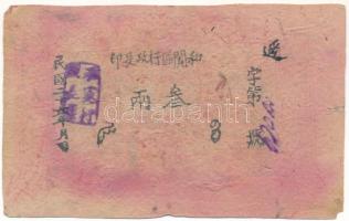 Kína / Sinkiang provincia / Khotan 1935-1936? 3T helyi pénz T:F lyuk
China / Sinkiang Province / Kh...