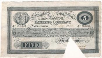 Nagy-Britannia / Stamford, Spalding & Boston Bank 1905. 5P helyi kiadás, érvénytelenítő háromszög alakú bevágással T:F Great Britain / Stamford, Splading & Boston Bank 1905. 5 Pounds local issue, with triangular shaped invalidating cut-in C:F