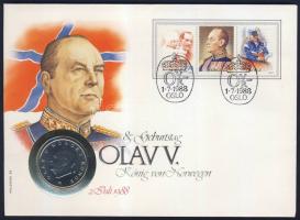 Norvégia 1988. 5K "V. Olaf" érmés, bélyeges borítékon, alkalmi bélyegzővel T:1 Ismertetővel!