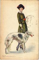 1922 Hölgy agárral. Olasz művészlap / Italian lady art postcard with Sighthound dog. G.A.M. 624-4. s: Bompard (EK)