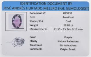 Ametiszt 18,88 ct csiszolt, tanúsítvánnyal 21,55x15,34x9,13 mm