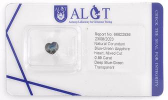 Szív alakú zafír 0,89 ct tanúsítvánnyal