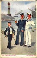 1916 Der zukünftige Admiral. K.u.K. Kriegsmarine / WWI Austro-Hungarian Navy humour art postcard, mariners and admiral. Österr. Flottenverein Serie IV. Nr. 1. s: Fritz Schönpflug (kopott sarkak / worn corners)