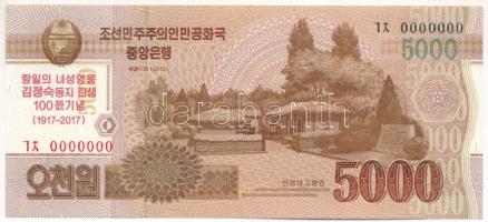 Észak-Korea 2017. 5000W "Kim Dzsongszuk, Kim Ir Szen első feleségének születésének 100. évfordulójára" felülbélyegzéssel, "MINTA" felülnyomással és "0000000" sorszámmal T:UNC North Korea 2017. 5000 Won "100th birthday of Kim Jong Sook, first wife of Kim Il Sung" overprint with "SPECIMEN" overprint and "0000000" serial number C:UNC Krause P#CS20a