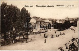 Homonna, Homenau, Humenné; Piac tér, Andrássy kastély, üzletek / market square, castle, shops (Rb)