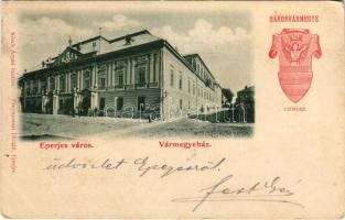 1899 (Vorläufer) Eperjes, Presov; Vármegyeház, Sáros vármegye címere. Kósch Árpád kiadása. Fénynyomat Divald / county hall, coat of arms of Sáros County (EK)