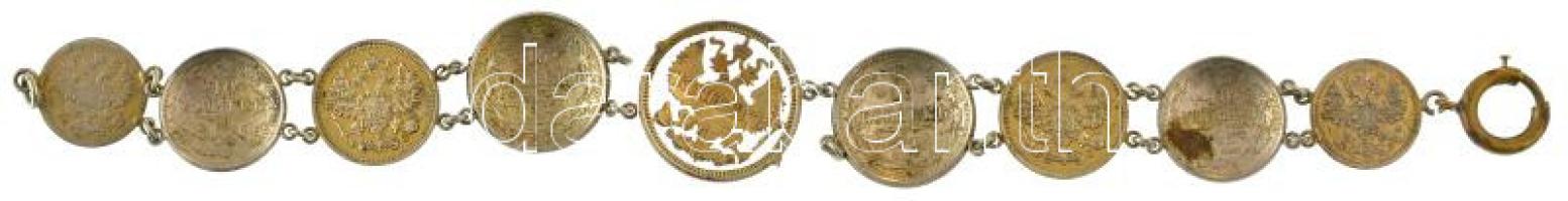 Orosz Birodalom 1905-1915. 9db ezüst érméből (2db 5k, 4db 10k, 2db 15k és 1db 20k) álló karkötő, köz...