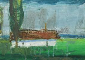 Szűcs János (1917-1995): Nyárfás tanya. Olaj, farost, jelezve jobbra lent. Hátoldalán Képcsarnok Vál...