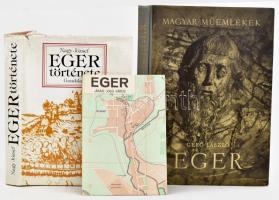 Eger, 2 db könyv + 1 db térkép: Gerő László: Eger. Magyar Műemlékek. Bp., 1954, Képzőművészeti Alap. Fekete-fehér képekkel illusztrálva. Kiadói félvászon-kötés. + Nagy József: Eger története. Bp. 1978, Gondolat. Kiadói egészvászon-kötés, kissé sérült kiadói papír védőborítóban. + 1967 Eger járási jogú város térképe, Bp., Kartográfiai Vállalat, megjelent 3800 példányban, 48x32,5 cm