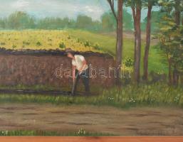 Uzonyi Imre (1941-1990): Trágyaföldelés. Olaj, farost. Jelezve jobbra lent. Fakeretben. 42x56 cm