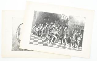 Bálványos Huba (1938-2011): Magyar internacionalisták a moszkvai főpostánál 1918. július 6. Rézkarc, papír, jelzett, 19,5x29,5 cm + Olvashatatlan jelzéssel: Kun Béla. Rézkarc, papír, kisebb lapszéli gyűrődésekkel, 29x19 cm