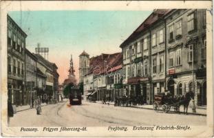 1916 Pozsony, Pressburg, Bratislava; Frigyes főherceg út, villamos, Mahr Károly üzlete / Erzherzog Friedrich-Straße / street view, tram, shops (EK)