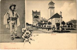 Poprád (Magas-Tátra, Vysoké Tatry); Fő tér, evangélikus templom, régi harangtorony, szlovák népviselet / main square, Lutheran church, bell tower, Slovak folklore. Floral