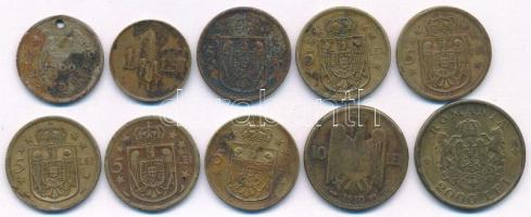 Románia 1900. 5b Cu-Ni (lyuk) + 1930. 5L Ni-sárgaréz "I. Mihály" (6db) + 1930. 10L Ni-sárg...