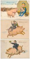 5 db RÉGI újévi üdvözlő képeslap vegyes minőségben: malacok / 5 pre-1945 New Year greeting motive postcards in mixed quality: pigs