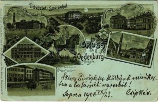 1900 Sopron, Oedenburg; Rathaus, Höhere-Tochter-Schule, Theater, Casino, Comitatsplatz, Kasernen, Ungar. Leib-Garde / Városház, Felső leány iskola, Deák tér, Színház, Kaszinó, Megyeház tér, Katonai laktanya, Magyar testőr. Regel & Krug No. 1022. Art Nouveau, floral, litho (EK)