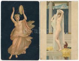 2 db RÉGI Stengel litho művész képeslap vegyes minőségben: erotikus meztelen hölgyek / 2 pre-1945 Stengel litho art postcards in mixed quality: Erotic nude ladies