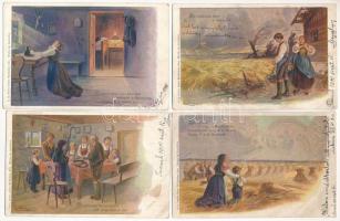 4 db RÉGI motívumos képeslap, Miatyánk sorozat, Döcker aláírásával, Neuber Ráfael műkiadása / 4 pre-1945 motive postcards, Lord's Prayer series with the signature of Döcker