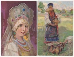 4 db régi orosz népviseletes művész képeslap / 4 pre-1945 Russian folklore art postcards