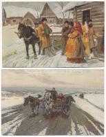 4 db régi orosz népviseletes művész képeslap / 4 pre-1945 Russian folklore art postcards