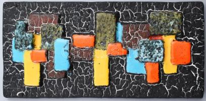 Bod Éva (1924-2004): Plasztikus fali kerámia fali dísz. Mázas kerámia, kézzel festett, jelzett, hibátlan kovácsoltvas keretben. 18x38 cm