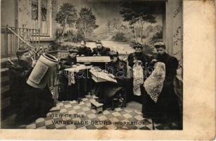 View of the Vandevelde-Geurs workshop, Belgian Royal Lace manufactory advertisements on the backside (EK)