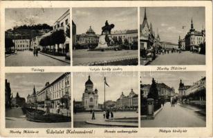 1940 Kolozsvár, Cluj; Várhegy, Mátyás király szobra, Horthy Miklós út, Hitler Adolf tér, Országzászló, Mátyás király tér / statue, monument, street view, square, Hungarian flag (Rb)