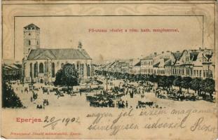 1902 Eperjes, Presov; Fő utca, Római katolikus templom, piac. Fénynyomat Divald műintézetéből / main street, Catholic church, market (felületi sérülés / surface damage)