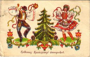 1950 Kellemes karácsonyi ünnepeket! Magyar néptánc / Christmas greeting, Hungarian folklore (gyűrődések / creases)