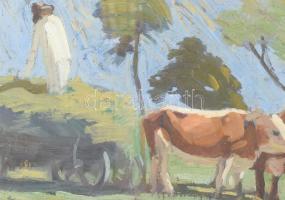 Jelzés nélkül, XX. sz. első fele: Szénásszekér. Olaj, karton. Hátoldalán akt vázlat. Antik, üvegezet...