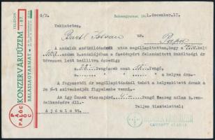 1941 Palóc Konzerváruüzem, Balassagyarmat fejléces Üzleti Levél