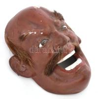 Groteszk japán fej. Fa,, festett gipsz, szőrrel. Sérülésekkel XX. sz. eleje / Vintage Japanese colle...