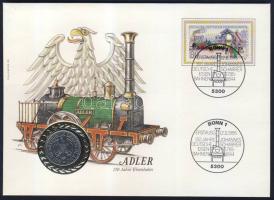 NSZK 1985. 1M érmés, bélyeges borítékon, elsőnapi bélyegzővel "150 éves a vasút" T:1 Ismer...