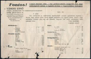 cca 1920 Vámosi Ernő Fűszer-, Gyarmatáru- és Terménynagykereskedés, Győr, Jókai ucca 10. - Zöldkávé / Pörkölt kávé / Tea / Rizs / Termények / Déligyümölcs / Halak - Árjegyzéke, m: 22x14cm