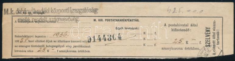 cca 1920 M.kir. dohányjövedéki központi igazgatóság Számfejtési szelvénye, M.Kir. Postatakarékpénztár.