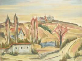 Bojtor Károly (1933-1999): Őszi táj. Olaj, farost, jelezve jobbra lent. Hátoldalán Képcsarnok Vállalat címkéjével. 52x70 cm