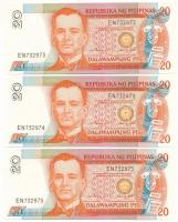 Fülöp-szigetek DN (1997-1998) 20P (3x) sorszámkövetők "EN 732973 - EN 732975", "Ramos - Singson" T:AU Philippines ND (1997-1998) 20 Pesos (3x) consecutive serials "EN 732973 - EN 732975", "Ramos - Singson" C:AU Krause P#182b