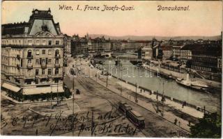 1908 Wien, Vienna, Bécs I. Franz Josefs Quai, Donaukanal, Atlas Hof / Ferenc József rakpart, Dunacsatorna, villamos, hajók / quay, Danube, tram, ships