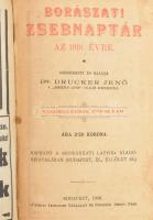 Borászati zsebnaptár az 1910. évre. Szerk. és kiadja Dr. Drucker Jenő. XI. évfolyam. Bp., 1909, "Pátria". Kiadói kopott egészvászon-kötés, kopott borítóval, sérült gerinccel, javított kötéssel, a kötéstáblákon a papír és a szennylapok pótoltak, az első és az utolsó lapokat (hirdetések) az új szennylapokra kasírozták.