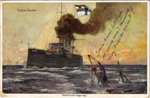 1918 Unsere Emden, Kaiserliche Marine. Wohlgemuth & Liessner No. 1077. "Deutschlands Flagge siegt" 3. Darstellungen / Német hadihajó / German Navy warship (EK) + "K.u.k. III. Seebataillon 10. Marschkompagnie"