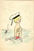 Miss Monokini - kézzel rajzolt erotikus hölgy művészlap / hand-drawn erotic lady art postcard (EK)