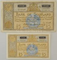 Skócia 1958. 5P "Bank of Scotland, Bilsland & Watson" + 1967. 5P "Bank of Scotland, Polwarth & Letham" T:F apró beszakadások, AU Scotland 1958. 5 Pounds "Bank of Scotland, Bilsland & Watson" + 1967. 5 Pounds "Bank of Scotland, Polwarth & Letham" C:F small creases, AU Krause P#101b, 106c