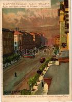 Budapest VII. Erzsébet körút, villamosok, Royal nagyszálloda az Oktogon térre nézve. Kuenstlerpostkarte No. 2555. von Ottmar Zieher. litho s: Raoul Frank (vágott / cut)