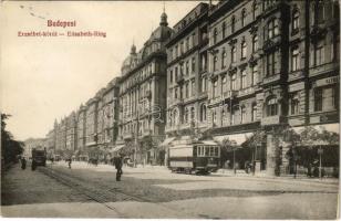 1912 Budapest VII. Erzsébet körút, villamos, bank, Leopold Gyula üzlete (EK)